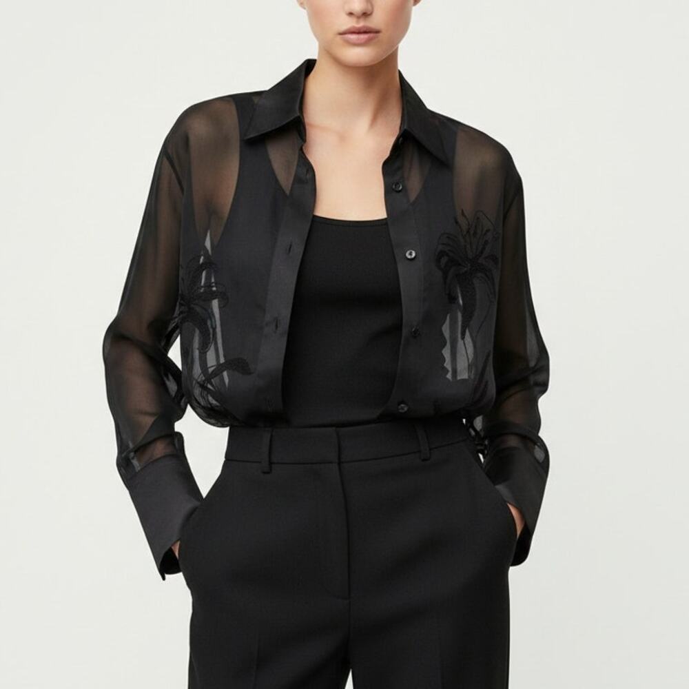 90s vintage black silk minimalist sheer organza emboidered tunic shirt blouse - Picture 10 of 10